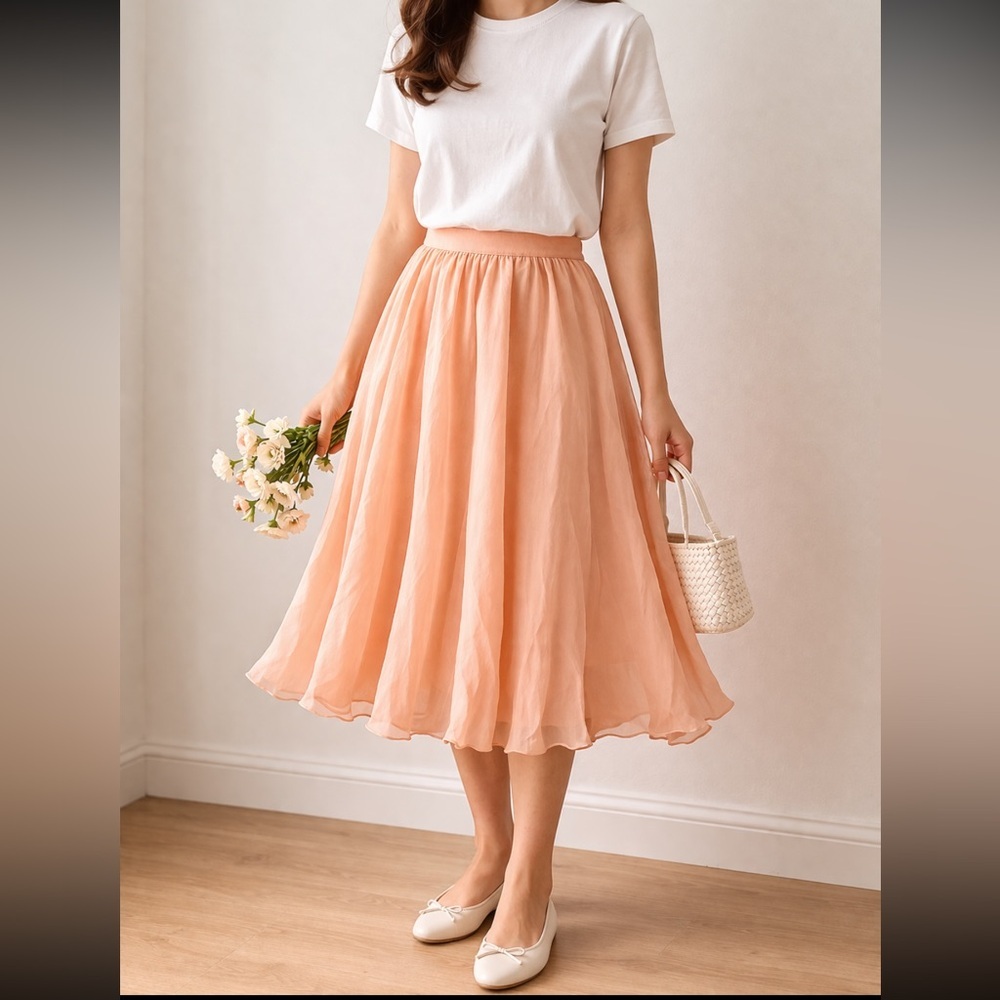 Vintage Silk Chiffon Midi Skirt Peach Flowy Romantic Cottagecore Balletcore - Picture 1 of 12